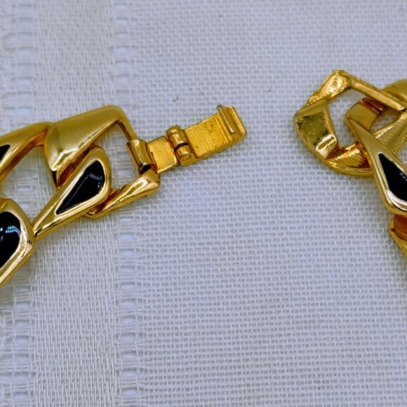 Chunky 1980s block black & gold tone necklace with matching bracelet - Picture 8 of 12